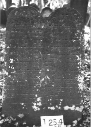 Grabstein 1254 (Index: 99900066) Material: Sandstein Zustand: angewittert Maße HxBxT: 111x72x10 cm Beschreibung: Stele mit doppeltem Rundbogenabschluss, in den Bogenfeldern Blüten, Doppelgrabstein Besonderheit: Doppelgrab für Eheleute: Grabstein 1254
