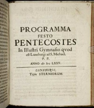 Programma Festo Pentecostes In Illustri Gymnasio quod est Luneburgi ad S. Michael. P.P.