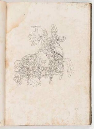 Reiter mit Turban und Stab auf einem springenden Pferd, in einem Band mit Antikischen Figurinen und Pferdedekorationen, Bl. 16
