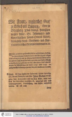 Verordnung über das Auslosungsrecht der Christen gegen die Juden in der Grafschaft Erbach