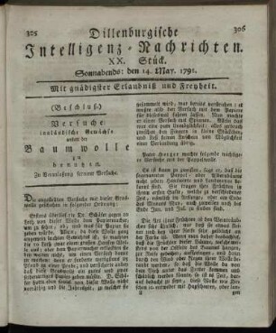 XX. Stück. Sonnabends: den 14. May. 1791.