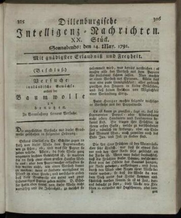 XX. Stück. Sonnabends: den 14. May. 1791.