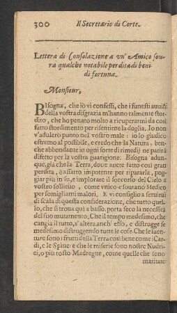 Lettera di Consolazione a un' Amico sovra qualche notabile perdita di benidi fortuna.
