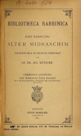 Der Midrasch Echa Rabbati : das ist die Haggadische Auslegung der Klagelieder