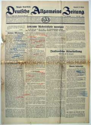 Tageszeitung "Deutsche Allgemeine Zeitung" u.a. zum Rückgang der Arbeitslosigkeit unter der Hitler-Regierung