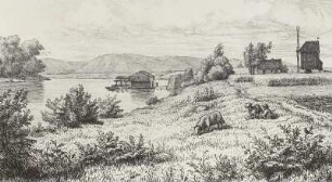 Windmühle am Elbufer bei Kötitz und Schiffsmühle auf der Elbe : Windmühle b. Kötitz u. Schiffsmühle auf Elbe, Radierung 1875