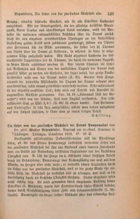 123-124 [Rezension] Betzendörfer, Walter, Die Lehre von der zweifachen Wahrheit bei Petrus Pomponatius