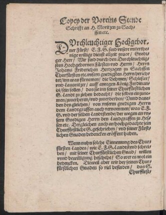 Copey der Voreins Stende Schrifft an H. Moritzen zu Sachssen etc.