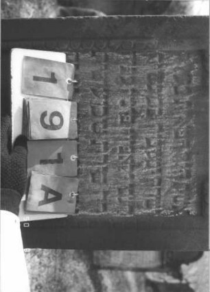 Grabstein 191 (Index: 99608876) Material: Sandstein Zustand: stärker verwittert Maße HxBxT: 116x56x19 cm Beschreibung: Stele, profilierter Sockel, eingezogener Rundbogenabschluß mit floralem Aufsatz, Schriftfeld eingetieft mit floralem Aufsatz, Schriftfeld eingetieft mit eingezogenem Rundbogenabschluß: Grabstein 191A
