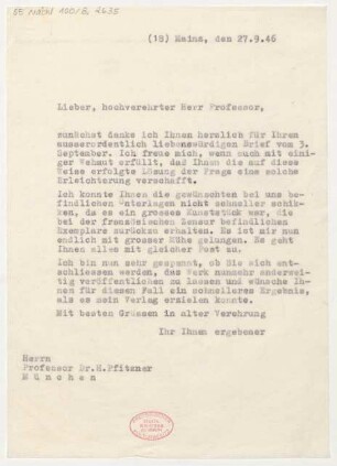 Brief an Hans Pfitzner : 27.09.1946