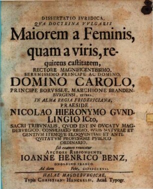 Diss. iur. qua doctrina vulgaris, maiorem a feminis quam a viris requirens castitatem