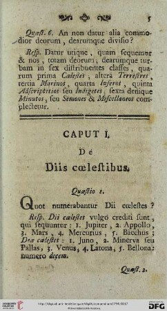 Caput I: De diis coelestibus