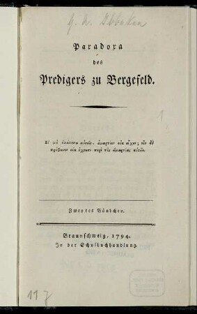 Bändchen 2: Paradoxa des Predigers zu Bergefeld. Zweytes Bändchen