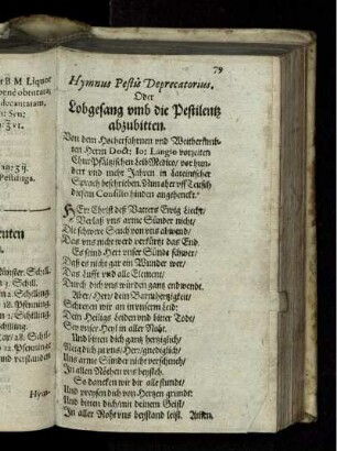 Hymnus Pestis Deprecatorius. Oder Lobgesang umb die Pestilentz abzubitten