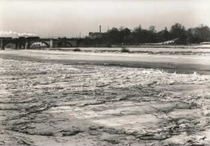 Dresden. Vereiste Elbe. Blick von der Uferstraße unterhalb des Italienischen Dörfchens elbabwärts zur Marienbrücke und zum Neustädter Ufer