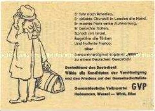 Illustrierter Handzettel der Gesamtdeutschen Volkspartei gegen die Außenpolitik der Adenauer-Regierung