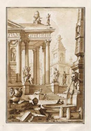 Architekturphantasie mit Tempel und Brunnen unter einem Obelisken, aus den "Disegni di Prospettiva Ideale", Bl. 8