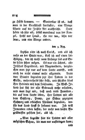 C***, den 3. Aug. Ein Alt-Irisch Leichenbegängniß - Todengesänge - Leichnam, Wachen.