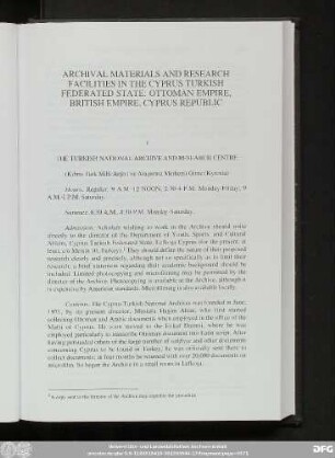 Archival Materials And Research Facilities In The Cyprus Turkish Federated State: Ottoman Empire, British Empire, Cyprus Republic