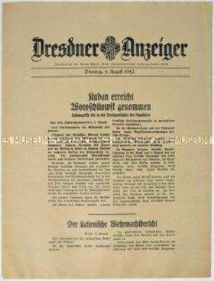 Nachrichtenblatt "Dresdner Anzeiger" mit Meldungen des Oberkommandos der Wehrmacht und des italienischen Oberkommandos u.a. zum Kriegsgeschehen an der Ostfront