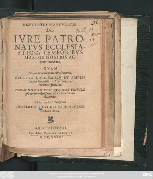 Disputatio Inauguralis De Iure Patronatus Ecclesiastico, Temporibus Maxime Nostris Accomodata