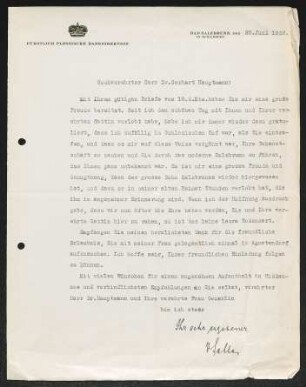 Brief von ... von Seller (Badedirektion Bad Salzbrunn) von Fürstlich Plessische Badedirektion  an Gerhart Hauptmann