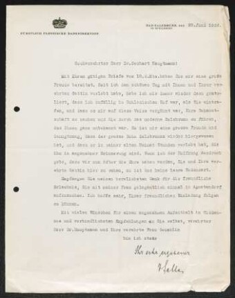 Brief von ... von Seller (Badedirektion Bad Salzbrunn) von Fürstlich Plessische Badedirektion <Bad Salzbrunn> an Gerhart Hauptmann