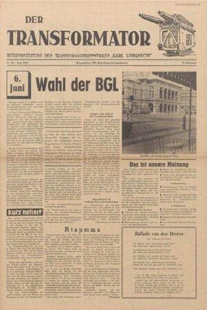 TRO-Betriebszeitung 'Der Transformator'; Nr. 20/1961 (Mai 1961)
