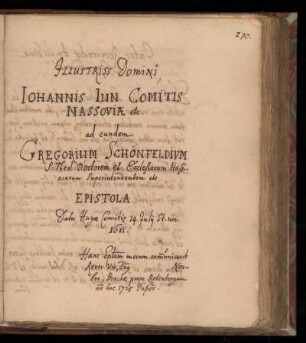 [Brief von Johann VIII., Nassau-Siegen, Graf an Gregor Schönfeld (1611)]