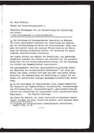 Familiäre Bedingungen bei der Herausbildung der Einstellung zur Arbeit : eine Problemstudee in Arbeiterfamilien ; Thesen zur Dissertation A