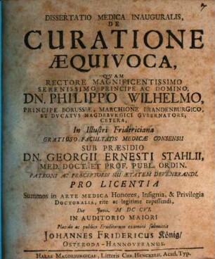 Dissertatione Medica Inauguralis De Curatione Æquivoca