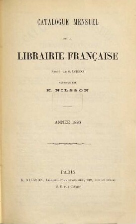 Catalogue mensuel de la librairie française. 11. 1886
