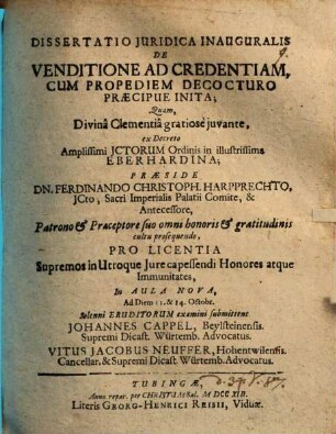 Diss. iur. inaug. de venditione ad credentiam, cum propediem decocturo praecipue inita