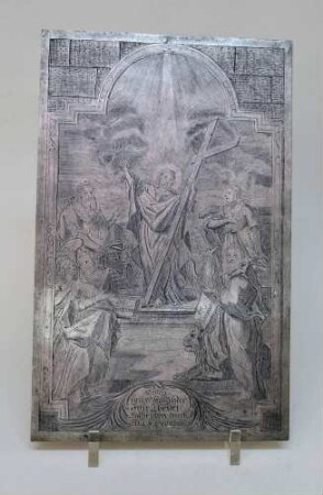 Platte mit Darstellung des auferstandenen Jesus Christus und den vier Evangelisten