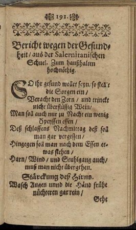Bericht wegen der Gesundheit/ aus der Salernitanischen Schuel [...]
