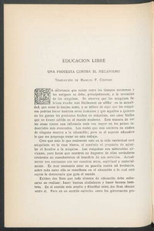 Educación libre : Una protesta contra el Mecanismo - (Traducción de Manuel F. Cestero)