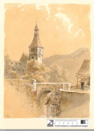 In Libenzell: Nahblick auf die Kirche, im Vordergrund Steinbrücke