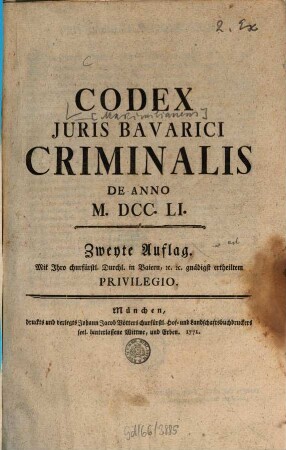 Codex Juris Bavarici Criminalis De Anno M.DCC.LI.