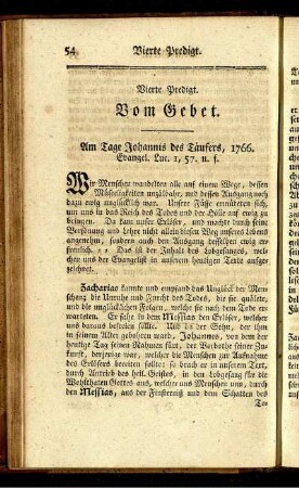 Vierte Predigt. Vom Gebet. Am Tage Johannis des Täufers, 1766. Evangel. Luc. 1, 57 u. f.