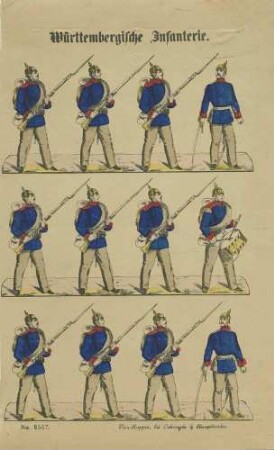 Bilderbogen mit zwölf Soldaten (Offizier, Spielmann, Mannschaft) der Württembergischen Infanterie in Uniform mit Pickelhaube und Feldausrüstung