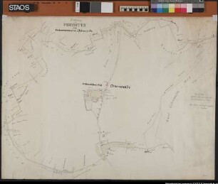 "Zeichnung der Wrechten vom Gute Ostenwalde". Mitte 19. Jh. Gutslage, Grenzen mit angedeuteten Parzellen und Besitzernamen. Ausf.-Art: Farbige Zeichnung Herst.: Format: 62 x 81 cm Maßstab: 1 : 2-3000