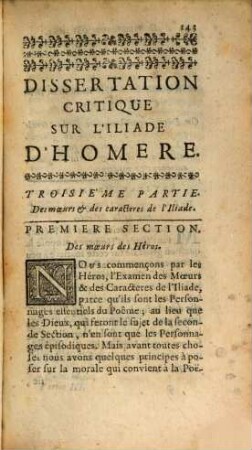 Dissertation critique sur l'Iliade d'Homère : où à l'occasion de ce poëme on cherche les regles d'un poëtique fondée sur la raison, et sur les exemples des anciens et des modernes, 2