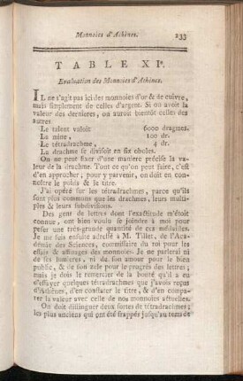 Table XIe. Evaluation des Monnoies d'Athènes.