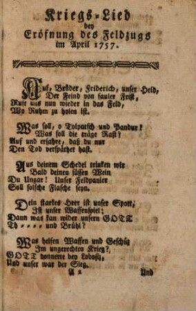 Kriegs- und Sieges-Lieder der Preussen : Nebst einem Anhang einiger an des Königs von Preussen Majestät gerichteter Gedichte