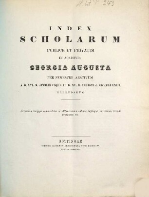 Index scholarum publice et privatim in Academia Georgia Augusta ... habendarum. SS 1883