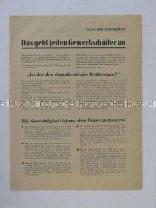 Propagandaflugblatt des DGB (?) u.a. zur "Spiegel"-Affäre und zum geplanten Verbot der VVN