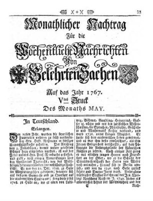 Monathlicher Nachtrag [...] Auf das Jahr 1767. Vtes Stuck Des Monaths May