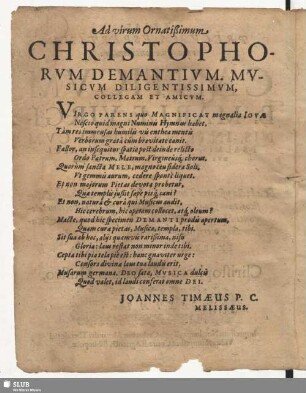 Ad virum Ornatißimum Christophorum Demantium