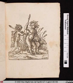 Zwei Putti mit Hund, von der Hasenjagd heimkehrend.