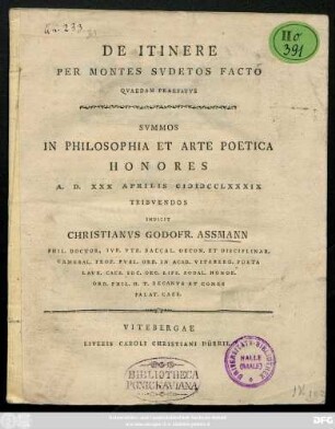 De Itinere Per Montes Svdetos Facto : Qvaedam Praefatvs Svmmos In Philosophia Et Arte Poetica Honores A. D. XXX Aprilis MDCCLXXXIX Tribvemdos
